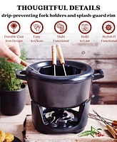 Alva Nori 2 Qt Enameled Cast Iron Fondue Set - Complete with 8 Wooden Forks & Adjustable Burner - Pfoa-Free Cheese, Chocolate & S'mores Pot