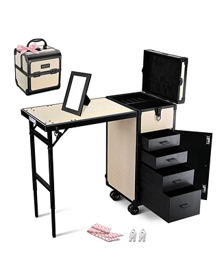 Byootique Rolling Makeup Train Case Nail Table w/ Cosmetic Cube Case Aluminum