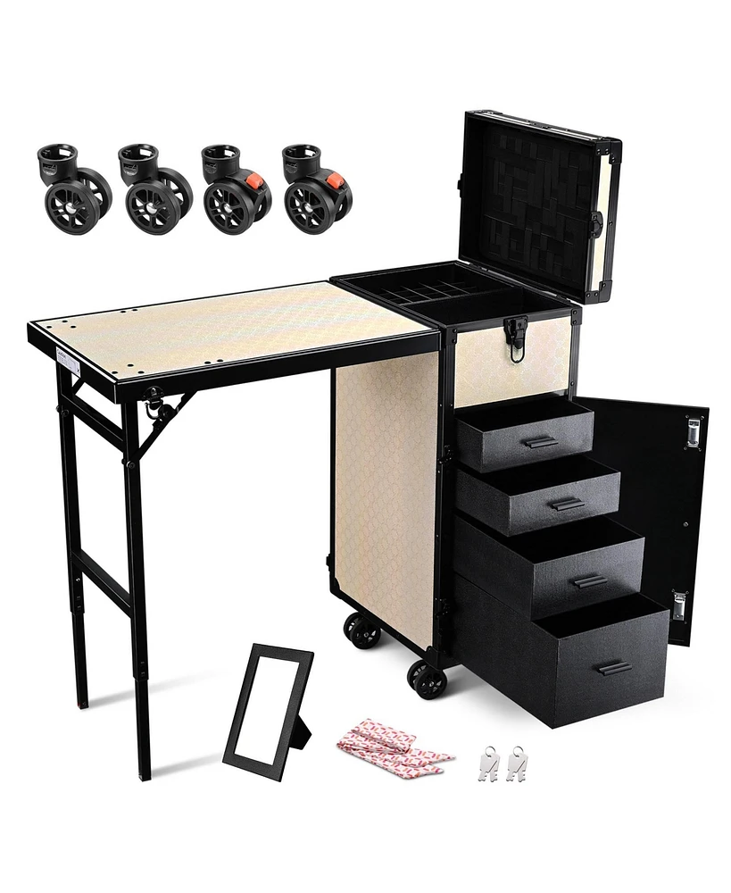 Byootique Rolling Makeup Train Case Nail Table w/ 4pcs Swivel Replacement Wheels