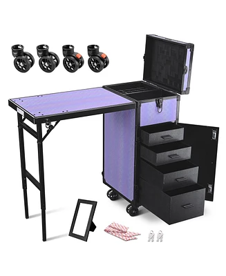 Byootique Rolling Makeup Train Case Nail Table w/ 4pcs Replacement Wheels Purple