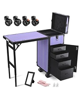 Byootique Rolling Makeup Train Case Nail Table w/ 4pcs Replacement Wheels Purple