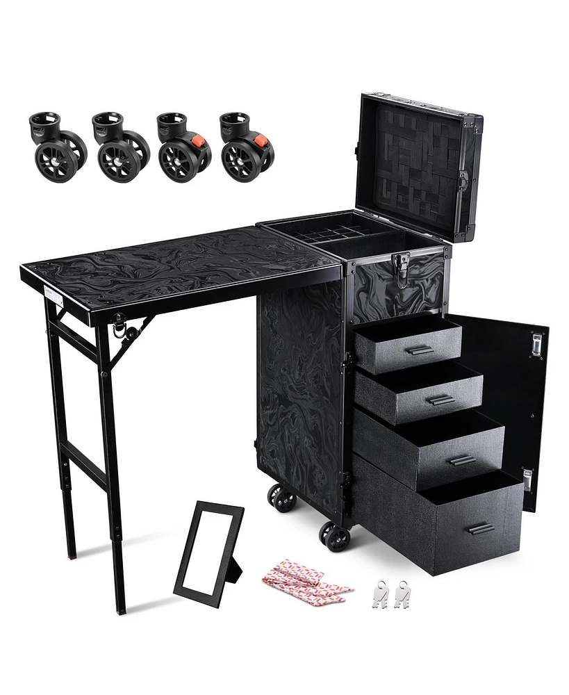 Byootique Rolling Makeup Case Nail Table with 4 pcs Replacement Wheels Black
