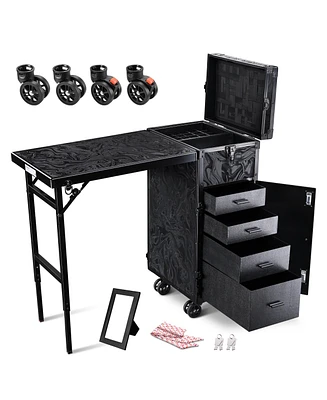 Byootique Rolling Makeup Case Nail Table with 4 pcs Replacement Wheels Black