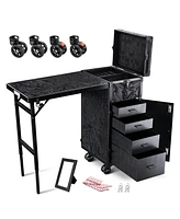 Byootique Rolling Makeup Case Nail Table with 4 pcs Replacement Wheels Black