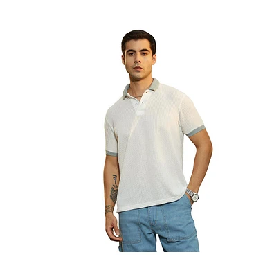 Campus Sutra Men's Chalk White & Sage Green Contrast Ribbed Polo T-Shirt