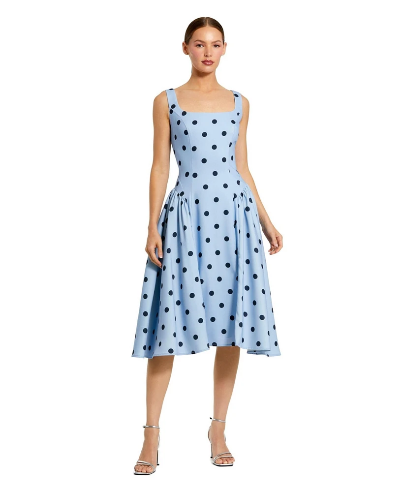 Mac Duggal Women's Polka Dot A-Line Midi Dress with Square Neck and Ruffle Gussets