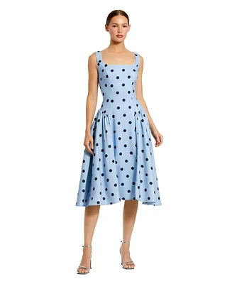 Mac Duggal Women's Polka Dot A-Line Midi Dress with Square Neck and Ruffle Gussets