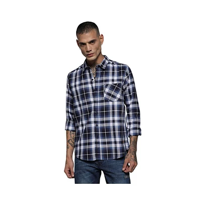 Campus Sutra Men's Navy Blue Tartan Plaid Shirt