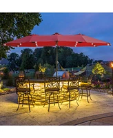 Flynama 15x9ft Large Double-Sided Rectangular Outdoor Twin Patio Market Umbrella with light and base- red