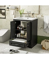 Casainc 24" Freestanding Vanity with Sink, Silver Handles, Soft-Closing Doors