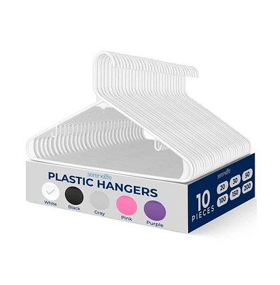 SereneLife 10 Pcs. Plastic Hangers - Non-Slip, Sturdy, and Heavy Duty Coat Set with 360° Swivel Hook for Clothes (White)