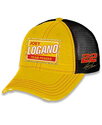 Checkered Flag Sports Men's and Women's Yellow Joey Logano Vintage Patch Trucker Adjustable Hat