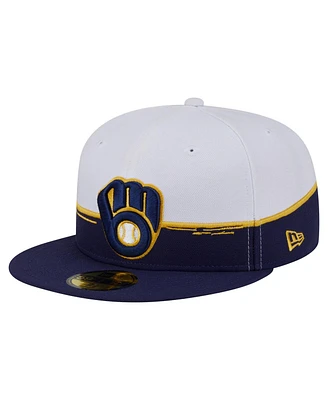 New Era Men's Navy/White Milwaukee Brewers Paint Stroke 59FIFTY Fitted Hat