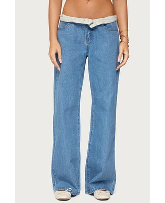 Edikted Women's Floral Foldover Low Rise Jeans