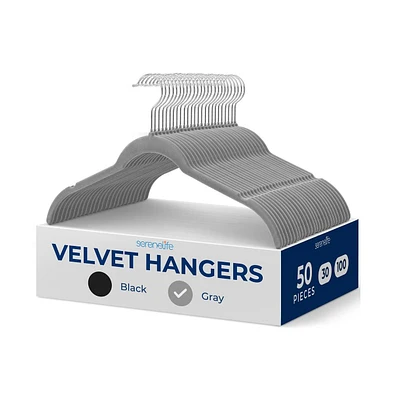 SereneLife 50-Piece Velvet Shirt Hangers - Non-Slip, Sturdy, Space Saving and Heavy Duty Coat Set with 360° Swivel Hook for Clothes (Grey