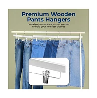 SereneLife 30 Pcs. Premium Wooden Pants Hangers - Heavy Duty Hanger Set with Chrome 360° Swivel Hook (White