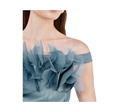 Amri Women's Organza Floral Detail Pleated Satin Gown