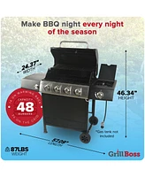 Grill Boss 4-Burner Gas Grill with Side Burner, Cover, Shelves, & Bottle Opener