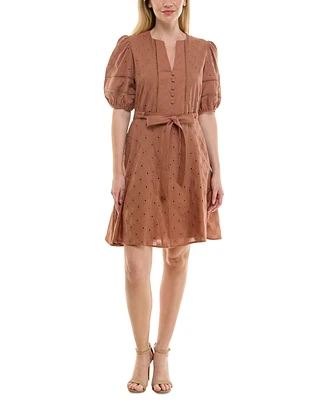 Taylor Women's Cotton Eyelet Puff-Sleeve Fit & Flare Dress