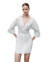 Nocturne Women's Corset-Inspired Linen Blend Striped Shirt Dress