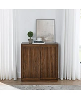 Mid Century Cabinet with 2 Sliding Door & Solid Wood Decorative Strips