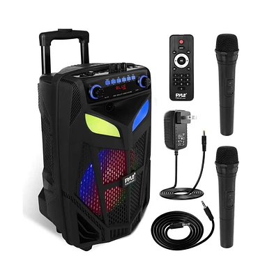 Pyle 600W Portable Bluetooth Pa Speaker – 10" Indoor/Outdoor System w/ 2 Wireless Mics, Party Lights, Usb/Sd, Fm, Wheels & Remote – PPHP101WMB