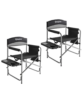 KingCamp Padded Outdoor Folding Chair with Table & Pockets, Black/Grey (2 Pack)