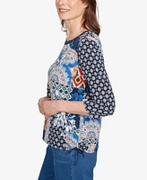 Alfred Dunner Women's Batik Patchwork Drawstring Crew Neck Top