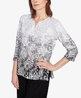 Alfred Dunner Women's Ombre Scroll Split Beaded Neck Top