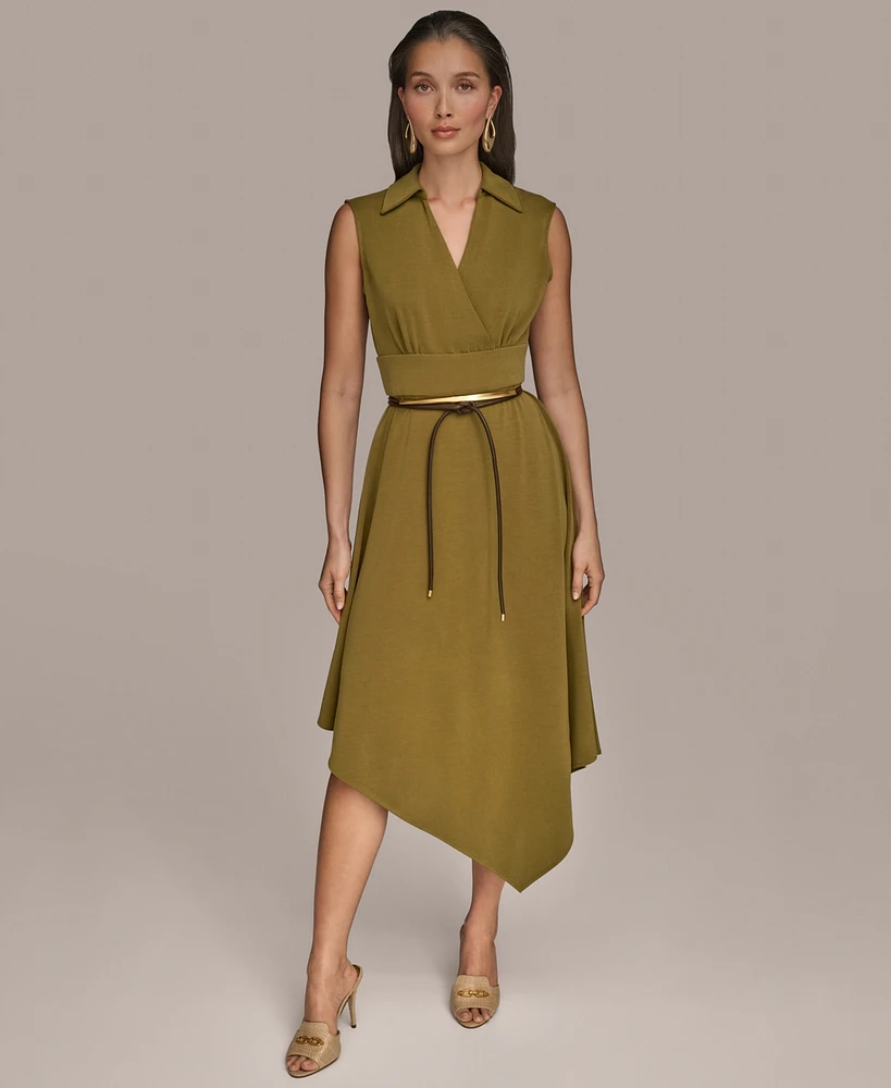 Donna Karan New York Women's Surplice Belted High-Low A-Line Dress