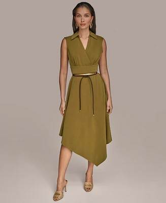 Donna Karan New York Women's Surplice Belted High-Low A-Line Dress