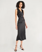 Luxely Women's Satin V-Neck Sleeveless Midi Dress