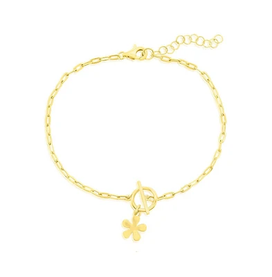 Sterling Silver Flower Charm Paperclip Toggle Bracelet