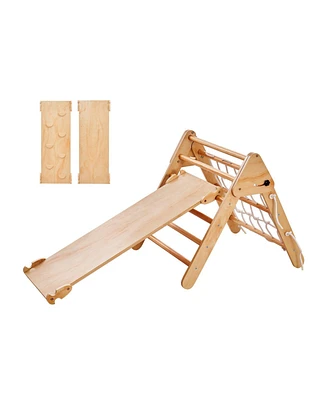 Slickblue Toddler 4 in 1 Climbing Set with Wooden Pikler Triangle Ramp and Arch for Indoors