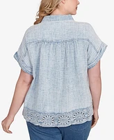Ruby Rd. Plus Snow Washed Crochet Hem Collared Shirt