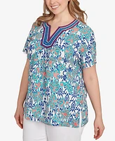 Ruby Rd. Plus Floral Overlay Ikat Embroidered Top