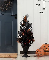 Glitzhome 36" Halloween Lighted Black Rose with Orange Glitter Urn Porch Tree with Timer