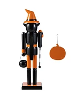 Glitzhome Halloween Wooden Black Cat Nutcracker with Pumpkin Ornament, Set of 2