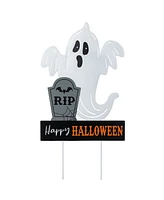Glitzhome 32.25" Lighted Halloween Metal Ghost Tombstone Yard Stake with Timer