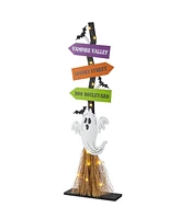 Glitzhome 41.75" Lighted Wooden Ghost's Broom Porch Decor