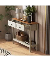 Farmhouse Style Console Table with 2 Drawer and Bottom Storage Shelf for Entryway, Rustic Side Table with Storage Drawer and Shelf for Living room, Ha