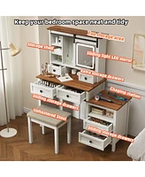 46.5'' Farmhouse Makeup Vanity Desk with Adjustible Led Lighted Mirror and Charging Station for Bedroom, Rustic Dressing Vanity Table with Side Cabine