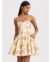 Miss Circle Women's Valda Yellow and Pink Print Linen Mini Dress with Pockets