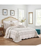 MarCielo 3Pcs 100% Cotton Embroidery Delicate Floral Quilt Bedspread Set King
