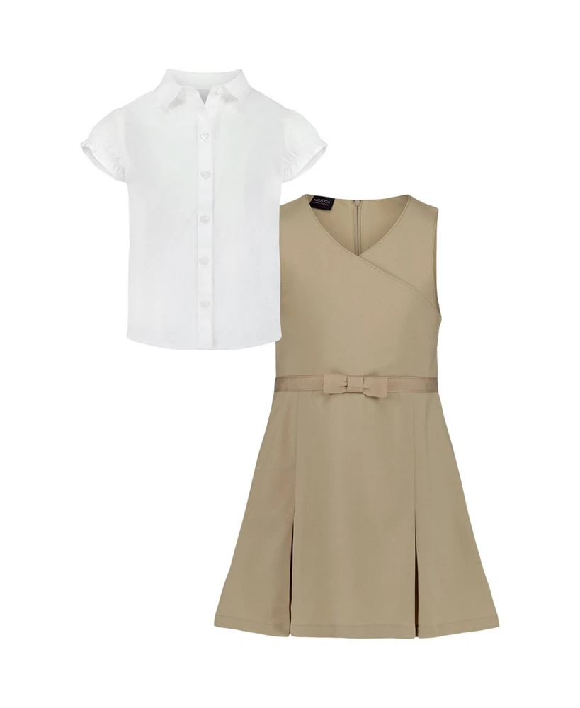 Nautica Little Girls 2-Piece Pleat Front Jumper and Stretch Poplin Shirt Set