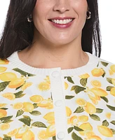Rafaella Plus Lemon Print Woven Front Long Sleeve Cardigan Sweater