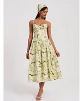 Miss Circle Women's Jacinda Green Floral Print Ruched Breast Linen Midi Dress
