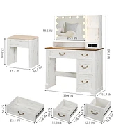 Vlsrka Vanity desk for bedroom with lights, drawers, shelves, stool, and mirror.