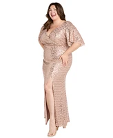 R & M Richards Plus Beaded Flutter-Sleeve Slit Gown