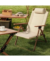 Sugift 3-Position Adjustable Folding Lounge Chair Recliner Chair with Wood-Grain Armrests